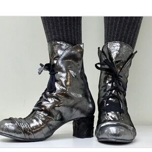 Papucei Haldis Lace Up Metallic Reptile Leather Boots Booties Silver/Black